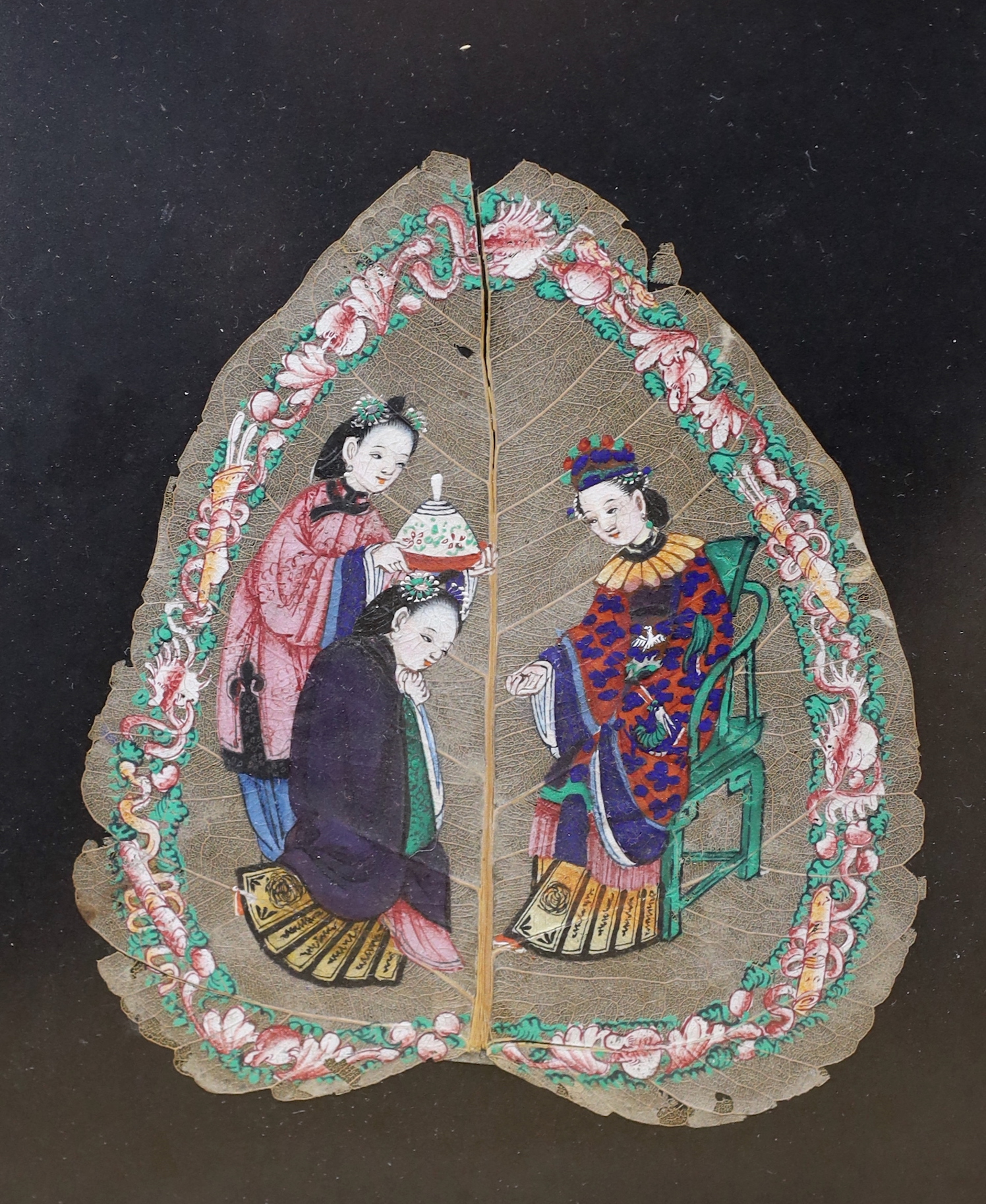 Five Chinese Canton gouache mulberry leaf paintings, framed as three, together with a watercolour painting on silk of birds on a branch, largest 17 x 35cm